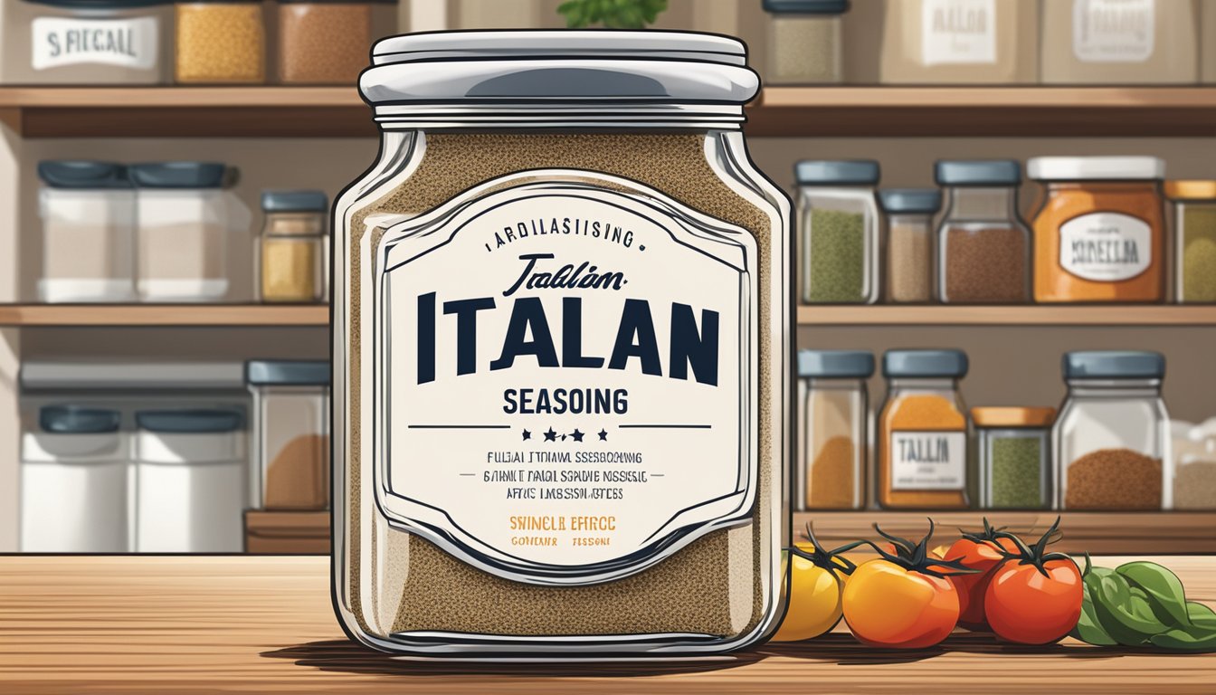 A jar of Italian seasoning sits on a clean, organized spice rack in a well-lit kitchen. The label is clear and the jar is sealed