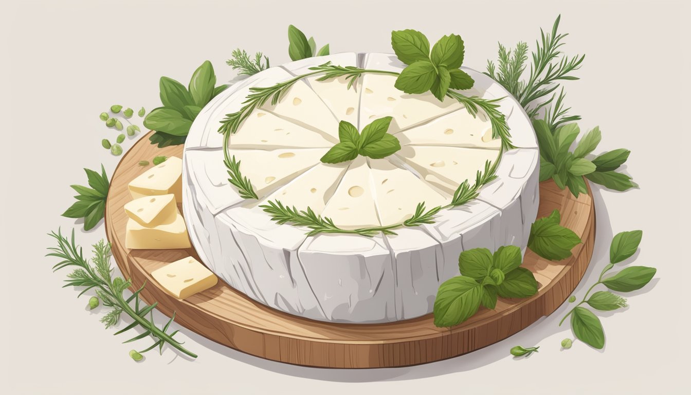 A wheel of camembert cheese sits on a wooden board, surrounded by fresh herbs and a knife. The cheese appears slightly softened, with a creamy interior and a white, bloomy rind