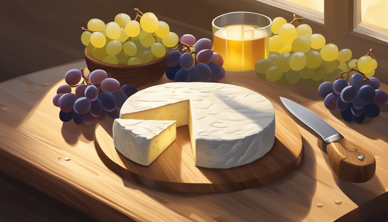 A wheel of camembert cheese sits on a wooden cutting board, surrounded by crackers, grapes, and a small knife. Sunlight streams through a nearby window, casting a warm glow over the scene