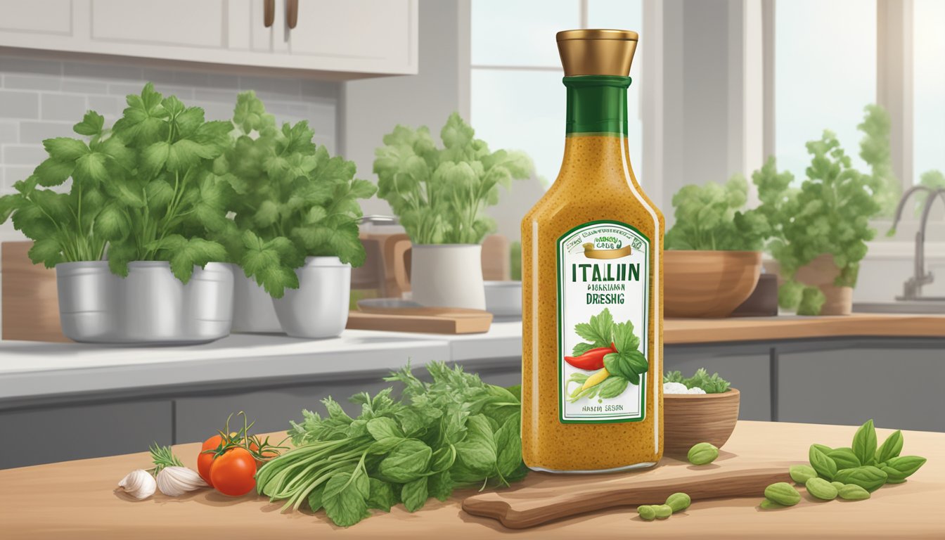 A bottle of Italian dressing sits on a kitchen counter, surrounded by fresh herbs and spices. The label indicates the expiration date