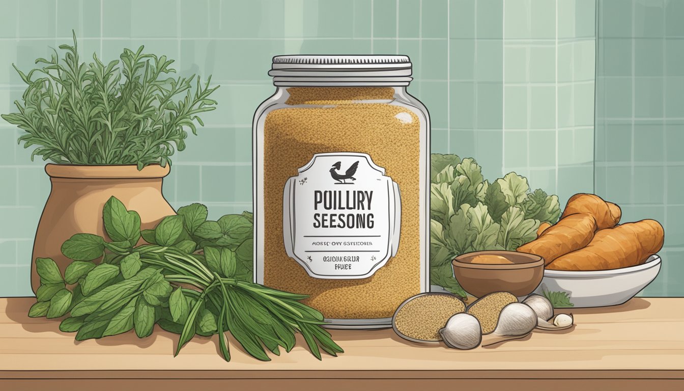 A jar of poultry seasoning sits on a kitchen counter, surrounded by various herbs and spices. The label on the jar indicates an expiration date