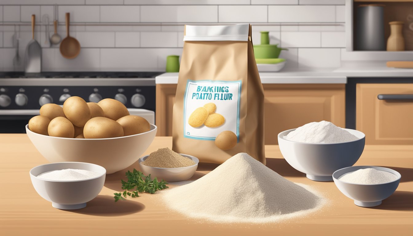 A bag of potato flour sits on a kitchen counter, surrounded by other baking ingredients. The flour is dry and powdery, with no signs of spoilage