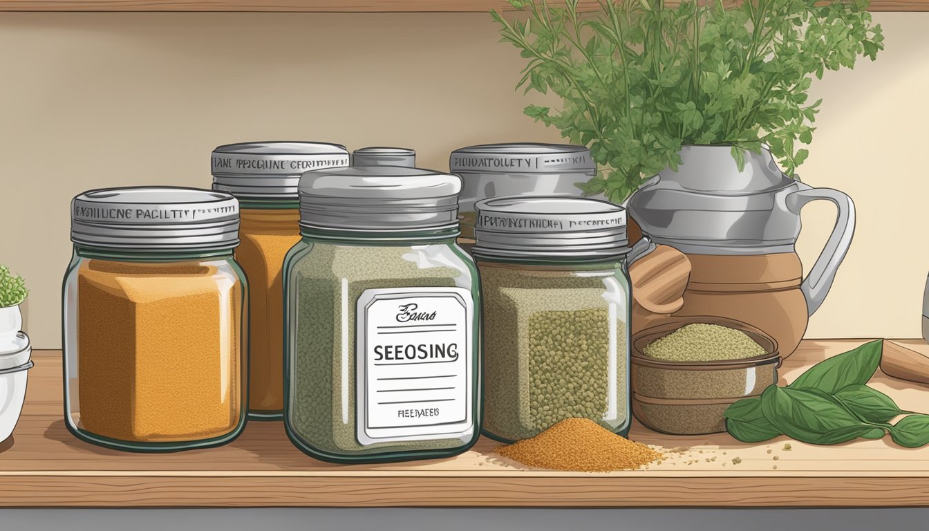 A jar of poultry seasoning sits on a clean, organized spice rack, surrounded by fresh herbs and spices. A label on the jar indicates the expiration date