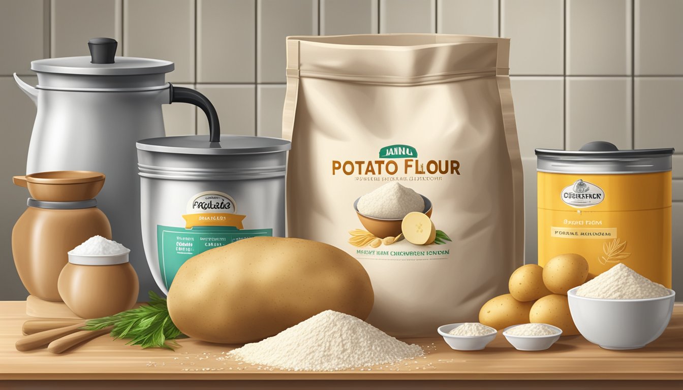 A bag of potato flour sitting on a kitchen shelf, surrounded by other baking ingredients and cookware