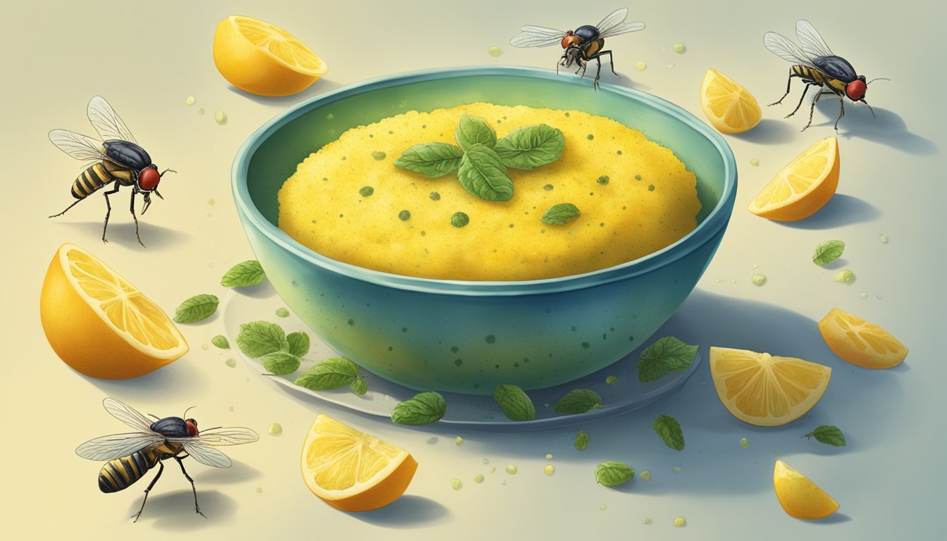 A bowl of moldy polenta with a foul smell, surrounded by fruit flies