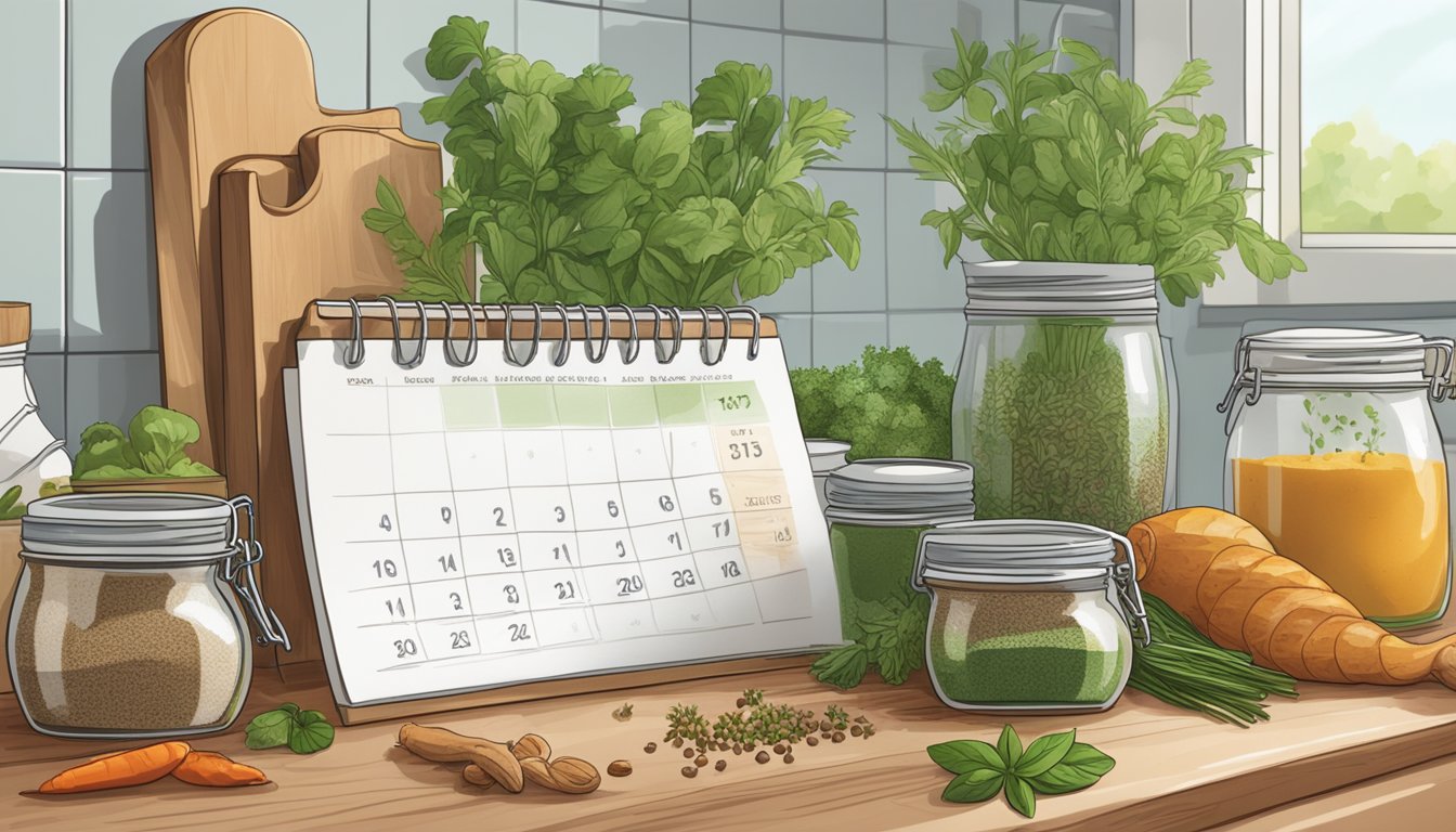 A jar of poultry seasoning sits on a kitchen counter, surrounded by fresh herbs and spices. A calendar with a marked expiration date hangs on the wall