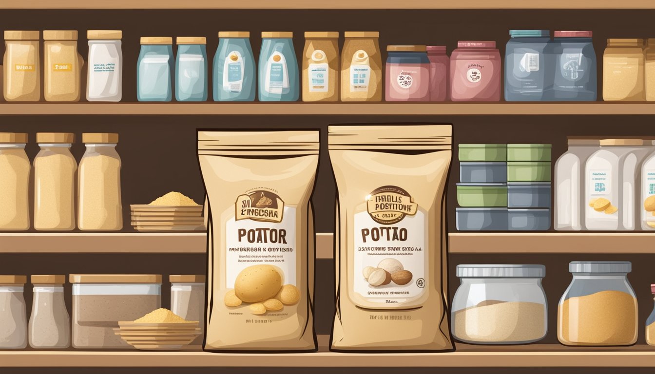 A bag of potato flour sits on a shelf, surrounded by other pantry items. The label shows the expiration date