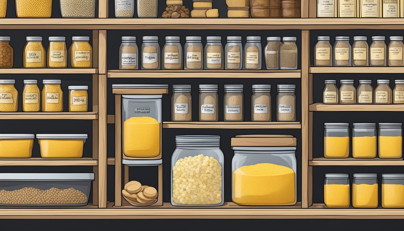 A pantry shelf with a tightly sealed container of polenta, surrounded by other dry goods and labeled with a "best by" date