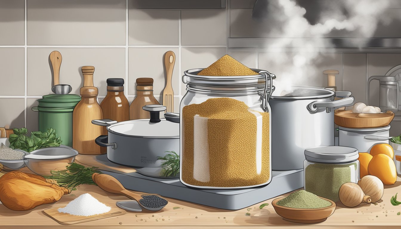 A jar of poultry seasoning sits open on a kitchen counter, surrounded by various cooking utensils and ingredients. A cloud of seasoning hovers in the air as it is being sprinkled into a bubbling pot on the stove