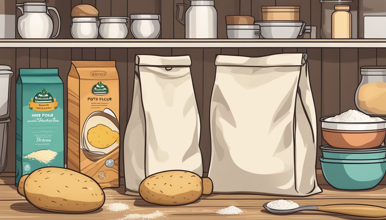 A bag of potato flour sits on a kitchen shelf, surrounded by various cooking and baking ingredients. The flour is unopened and shows no signs of spoilage