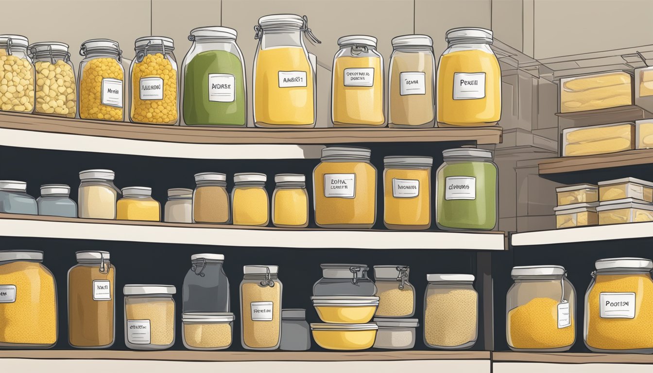 A bag of polenta sits on a shelf, sealed and unopened. Nearby, a pantry is stocked with various preserved goods