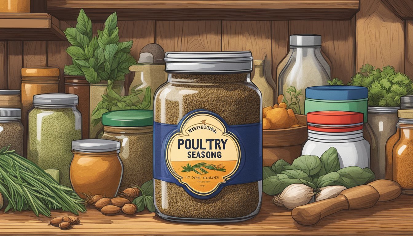 A jar of poultry seasoning sits on a kitchen shelf, surrounded by various spices and herbs. The label indicates the expiration date, while the vibrant colors and textures of the seasoning inside suggest its freshness