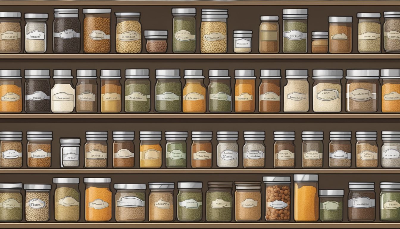 A well-organized kitchen spice rack with labeled jars of poultry seasoning, arranged neatly for easy access and longevity