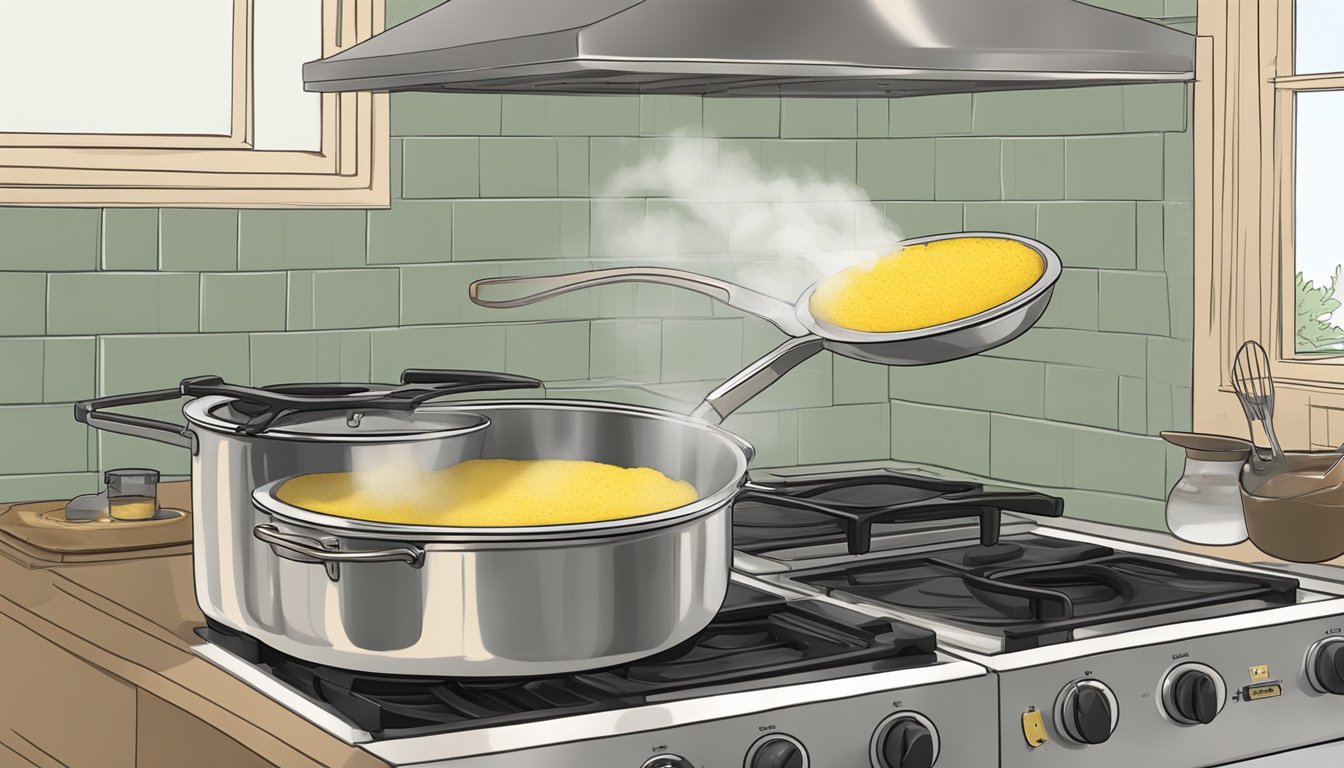 A pot of polenta sits on a stove, steam rising. A person tests the temperature before serving it into a bowl