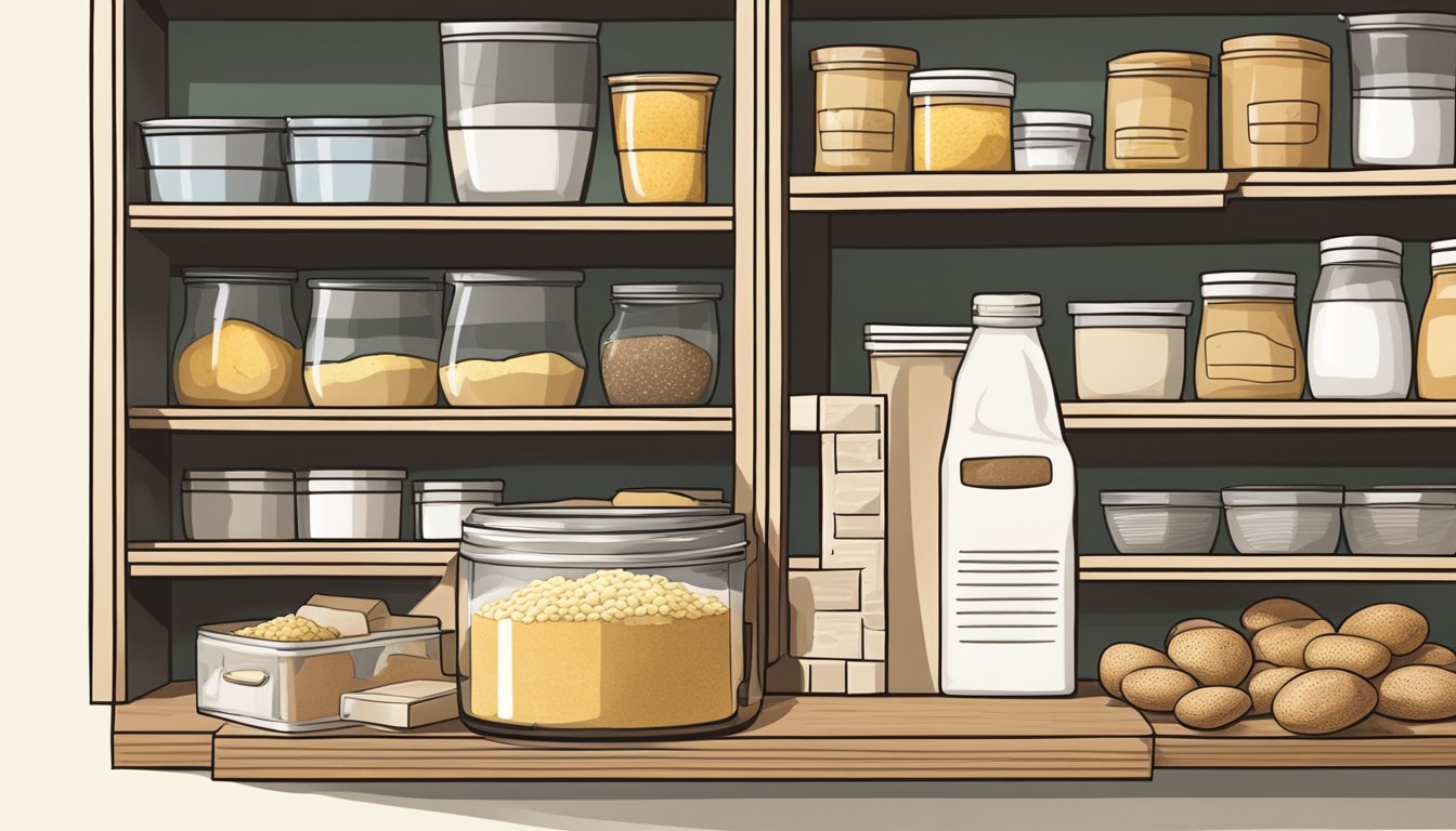 A pantry shelf with a bag of potato flour being checked for freshness and replaced if needed