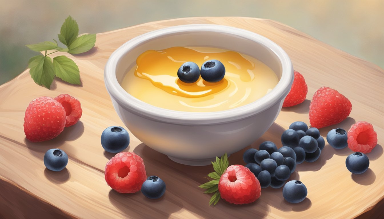 A small bowl of crème fraîche sits on a wooden table, surrounded by fresh berries and a dollop of honey. The creamy texture of the crème fraîche is evident, and it appears to be in good condition