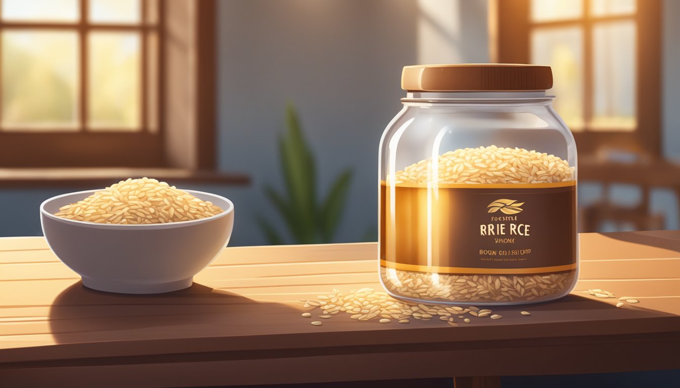 A glass jar of brown rice syrup sits on a wooden table, surrounded by scattered grains of rice. Sunlight filters through a nearby window, casting a warm glow on the scene