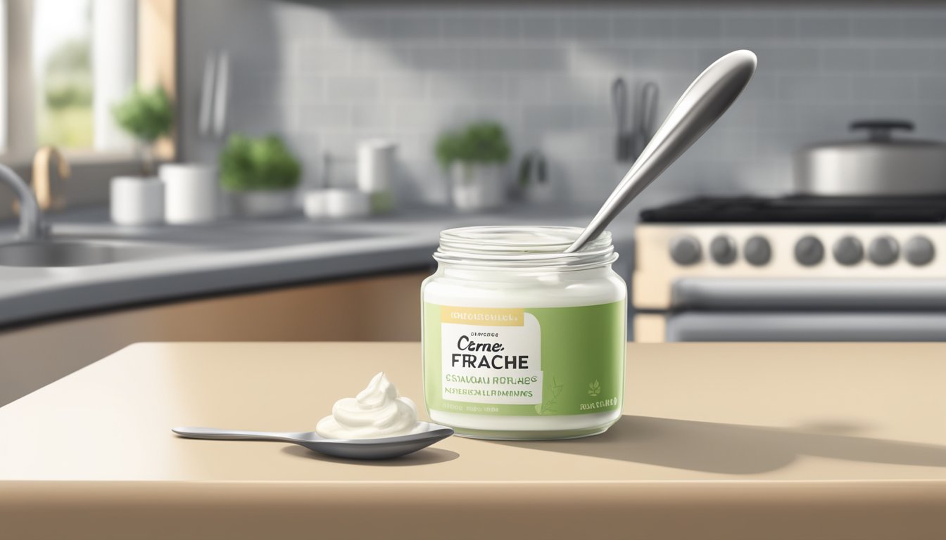 A small jar of crème fraîche sitting on a kitchen counter, with a spoon beside it and a faint aroma of sourness in the air