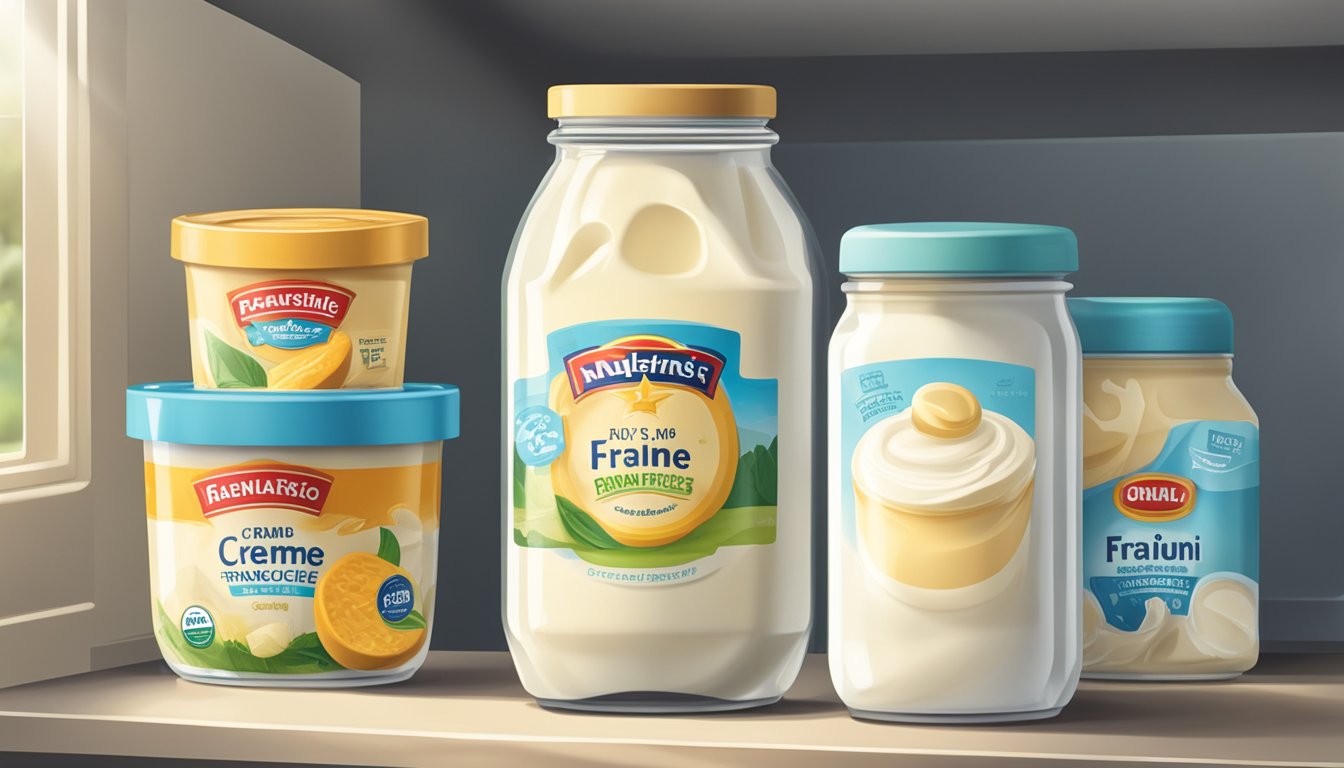 A jar of crème fraîche sits in a refrigerator next to other dairy products. The jar is tightly sealed and placed on a shelf away from direct sunlight