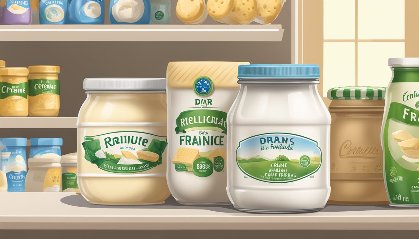 A jar of crème fraîche sits on a shelf, surrounded by other dairy products. The expiration date is visible on the label