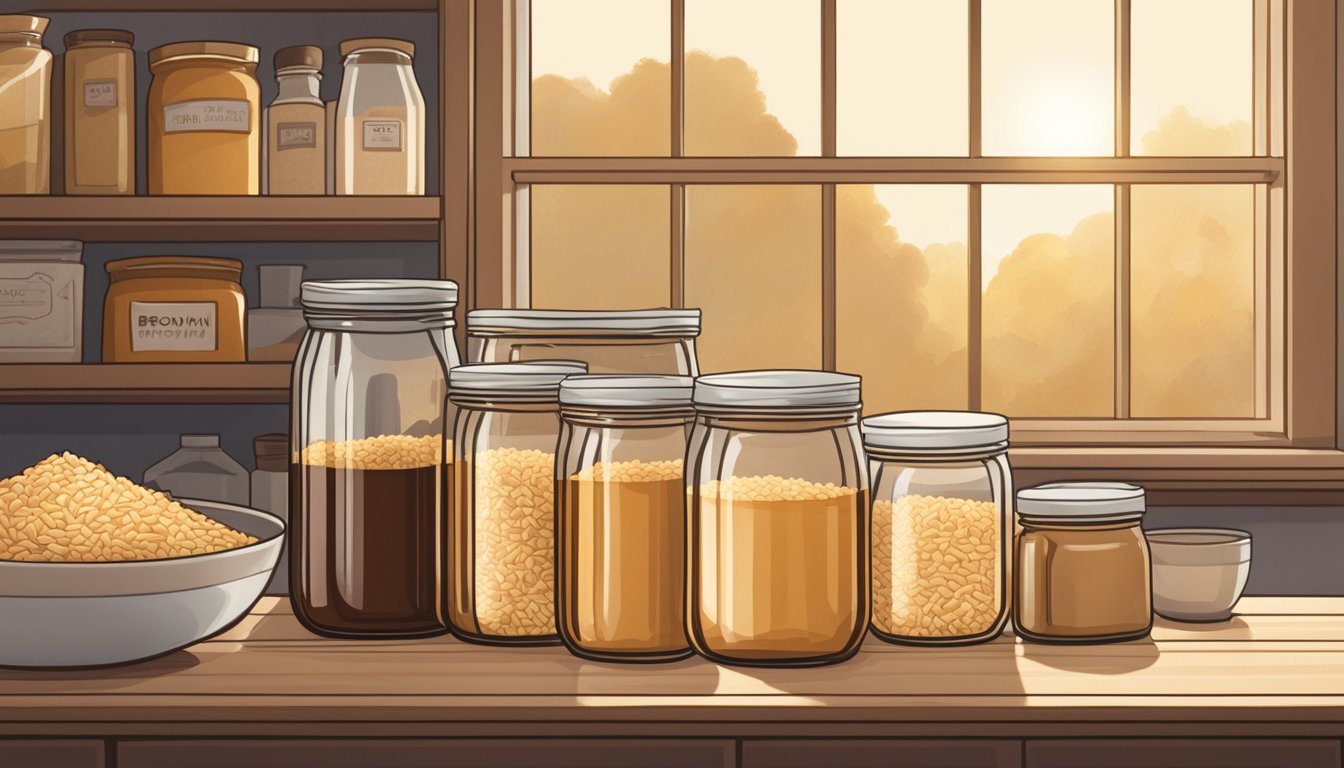 A jar of brown rice syrup sits on a pantry shelf, surrounded by other storage containers and ingredients. Light filters in through a nearby window, casting a warm glow on the scene