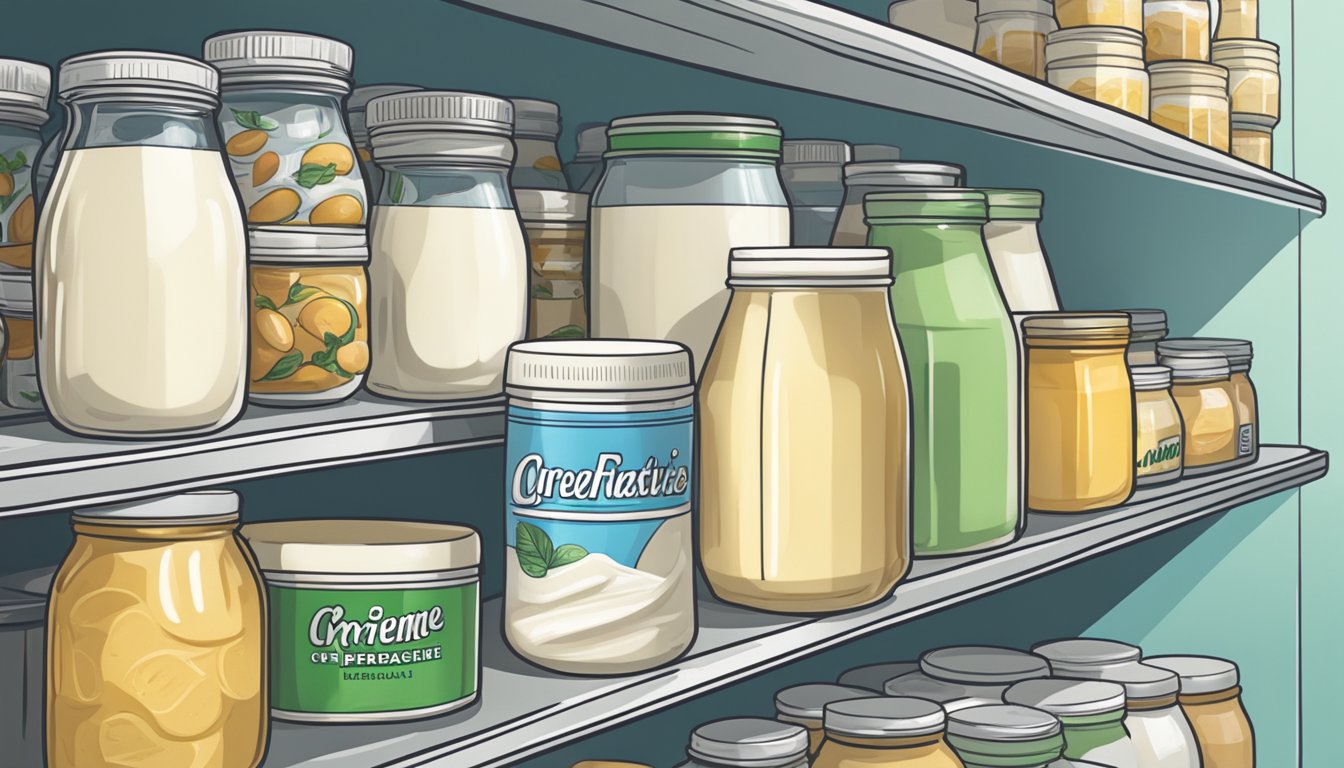 A jar of crème fraîche sits on a refrigerator shelf, surrounded by other dairy products. The lid is slightly ajar, and a faint sour smell emanates from the container