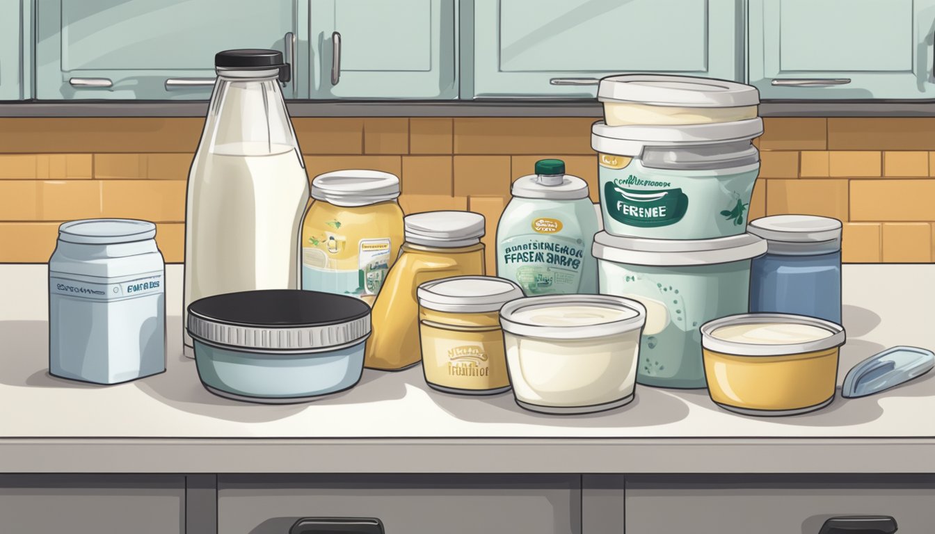 A small container of crème fraîche sits on a kitchen counter, surrounded by other dairy products. The lid is slightly ajar, and there are question marks floating above it