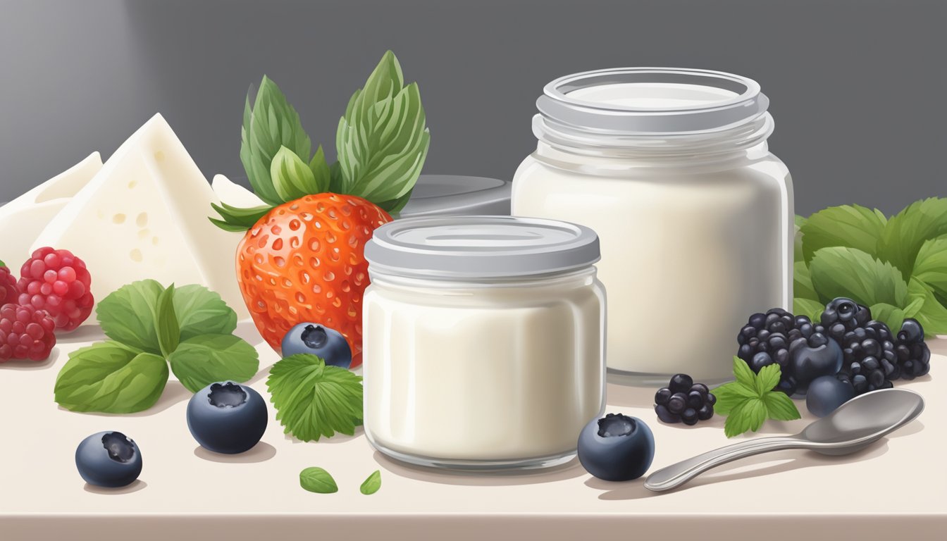 A jar of crème fraîche sits on a kitchen counter, surrounded by fresh herbs and a bowl of ripe berries. A small dollop of the creamy dairy product is shown on a spoon