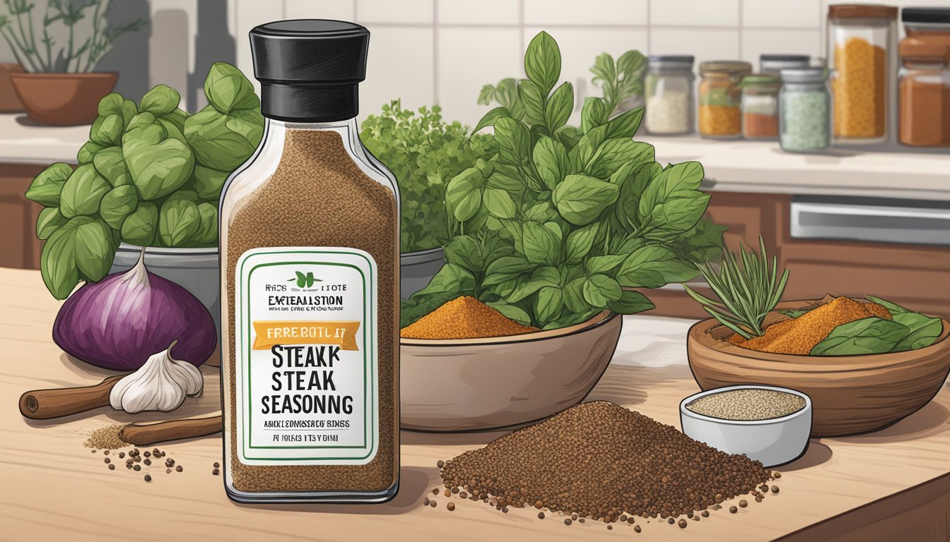 A bottle of steak seasoning sits on a kitchen counter, surrounded by various herbs and spices. The label on the bottle indicates an expiration date