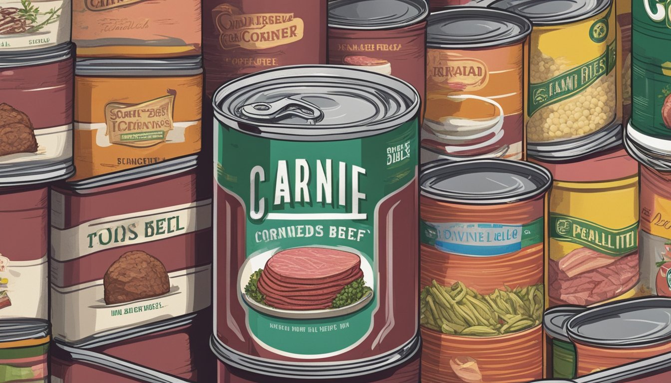 A can of corned beef sits on a shelf, surrounded by other canned goods. The label is slightly worn, but the can appears intact