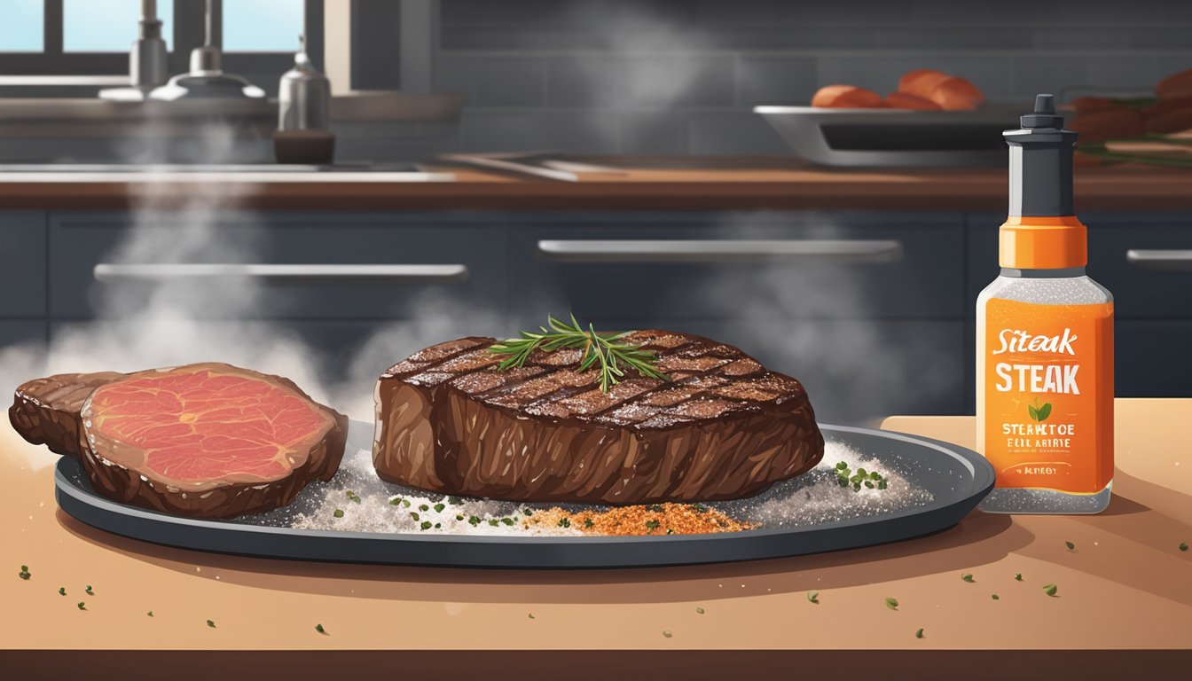 A steak seasoning bottle sits open on a kitchen counter, next to a sizzling steak on a hot grill. A cloud of seasoning dusts the meat