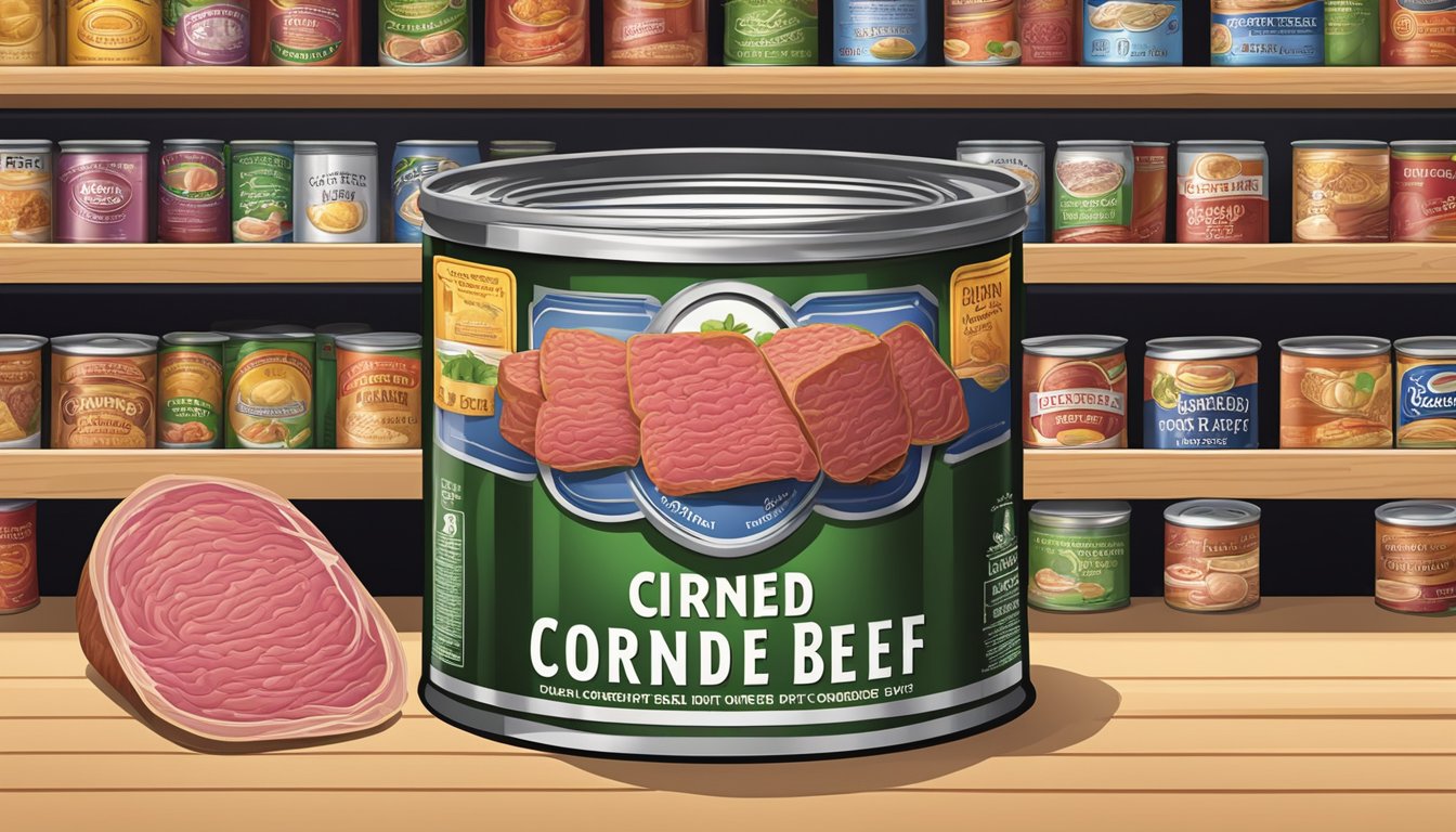 A can of corned beef stored in a cool, dry pantry