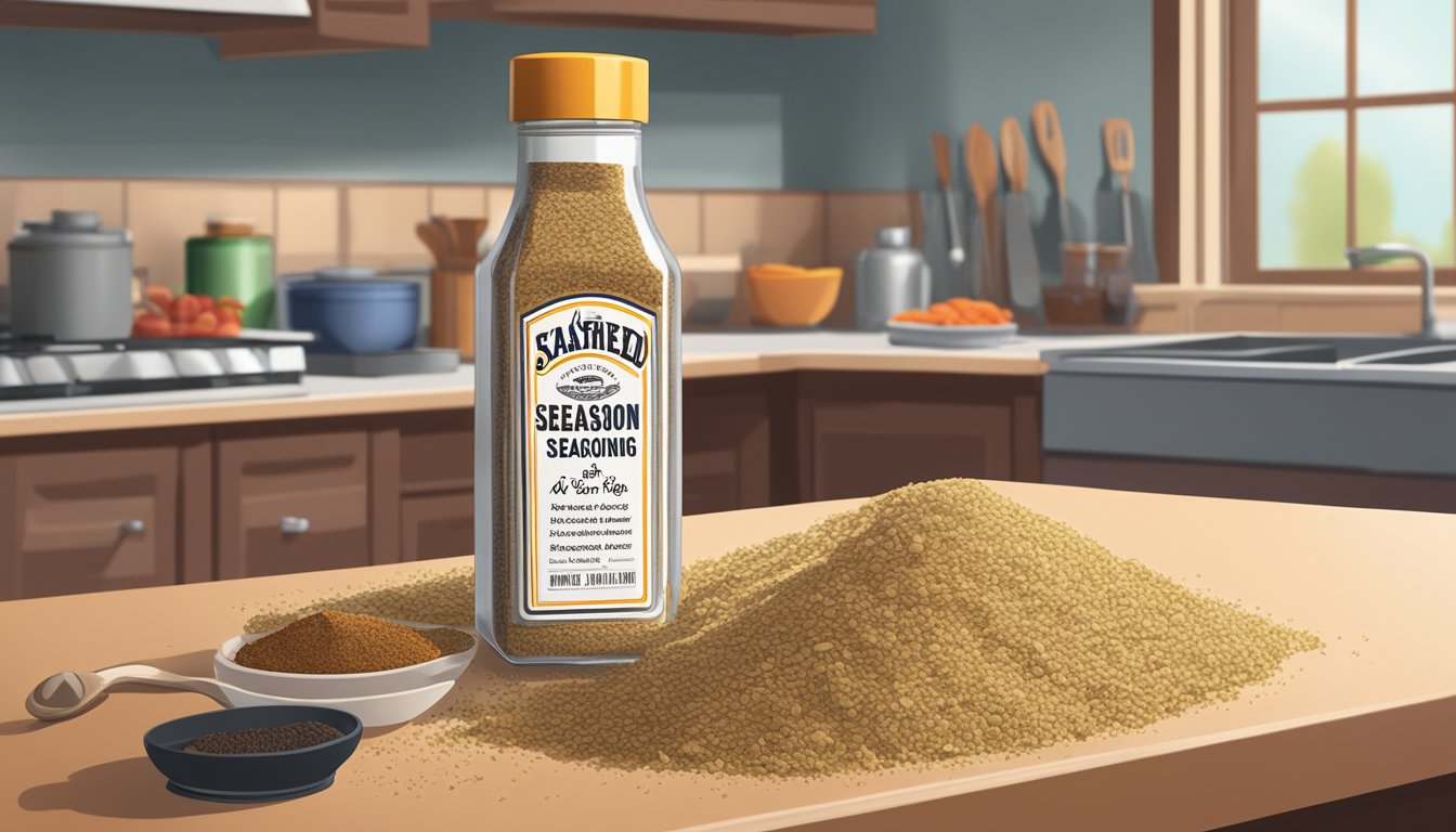 A pile of expired seasonings sits on a kitchen counter. A steak seasoning bottle is open, with a faded expiration date