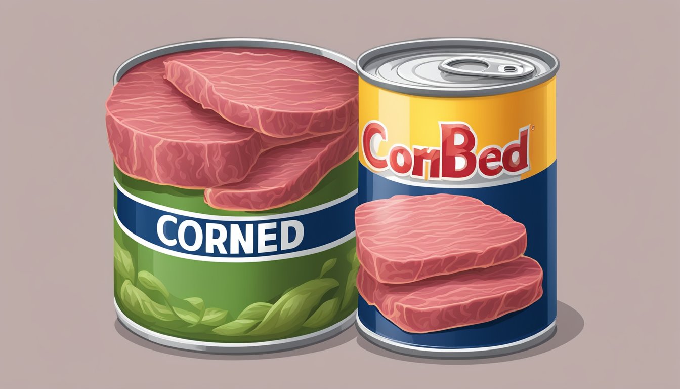 A can of corned beef with a bulging and dented exterior, leaking a foul-smelling liquid