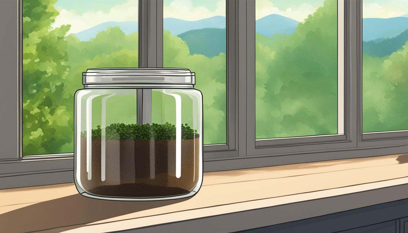 A jar of steak seasoning sits on a kitchen counter next to a window with a lush green view