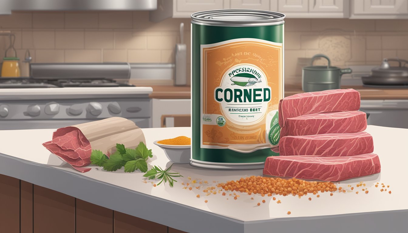 A can of corned beef with a torn label sits on a kitchen counter, surrounded by scattered spices and a faint odor