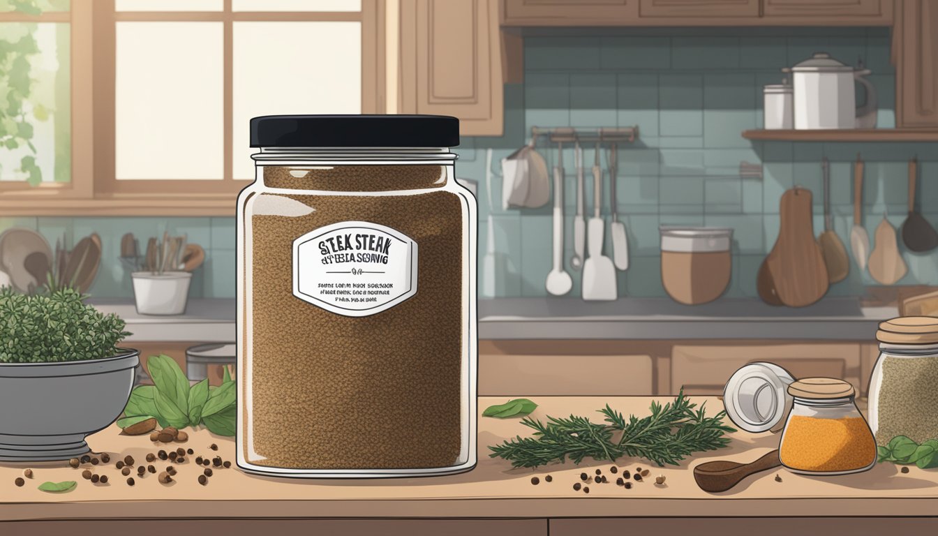 A jar of steak seasoning sits on a kitchen counter, surrounded by scattered spices and herbs. The label on the jar is faded, indicating it may have been there for a while