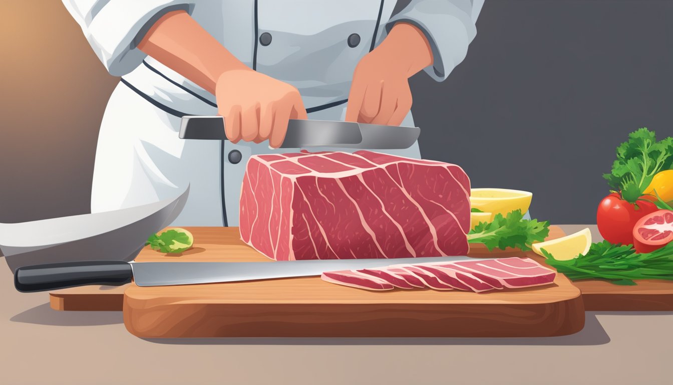 A chef slicing and preparing corned beef with clean utensils on a sanitized cutting board