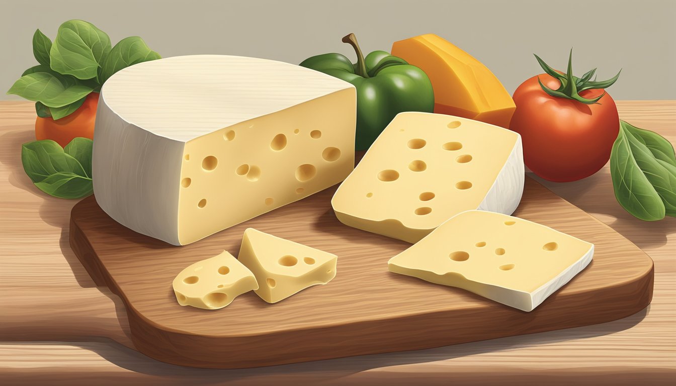 A block of provolone cheese sits on a wooden cutting board, surrounded by a few slices. The cheese is beginning to show signs of mold, indicating that it has gone bad