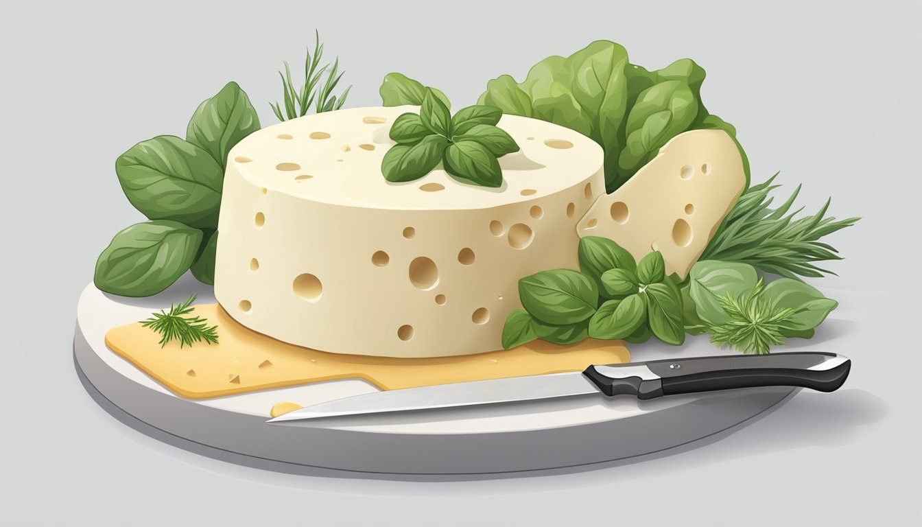 A wheel of provolone cheese sits on a clean, white cutting board surrounded by fresh herbs and a sharp knife