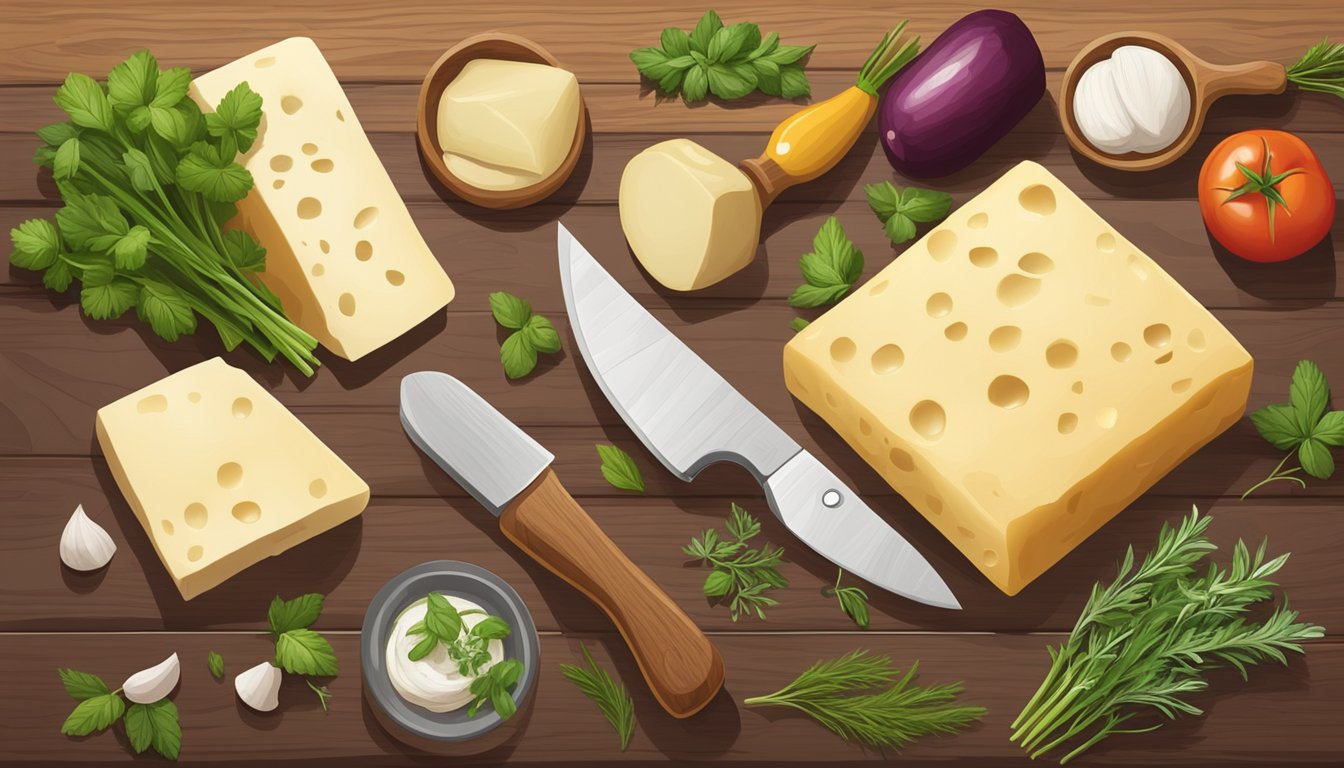 A rustic kitchen counter with a wooden cutting board, a block of provolone cheese, a knife, and some fresh herbs