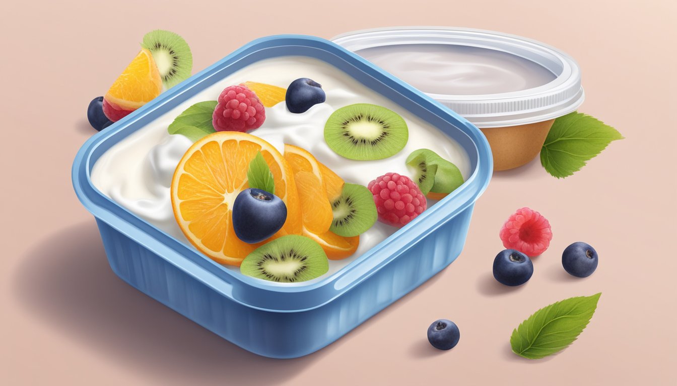 A half-opened plant-based yogurt container with mold growing on the surface, surrounded by a few pieces of spoiled fruit