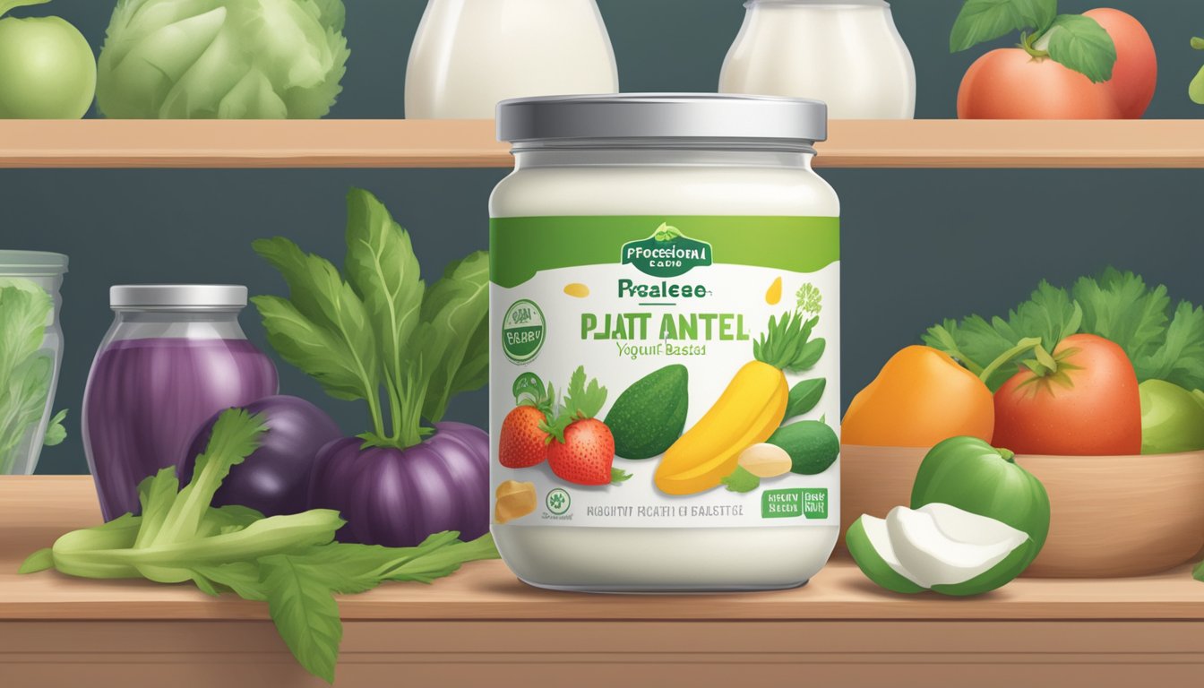 A jar of plant-based yogurt sits on a shelf, surrounded by fresh fruits and vegetables. The yogurt is unopened and the label indicates it is still within its expiration date