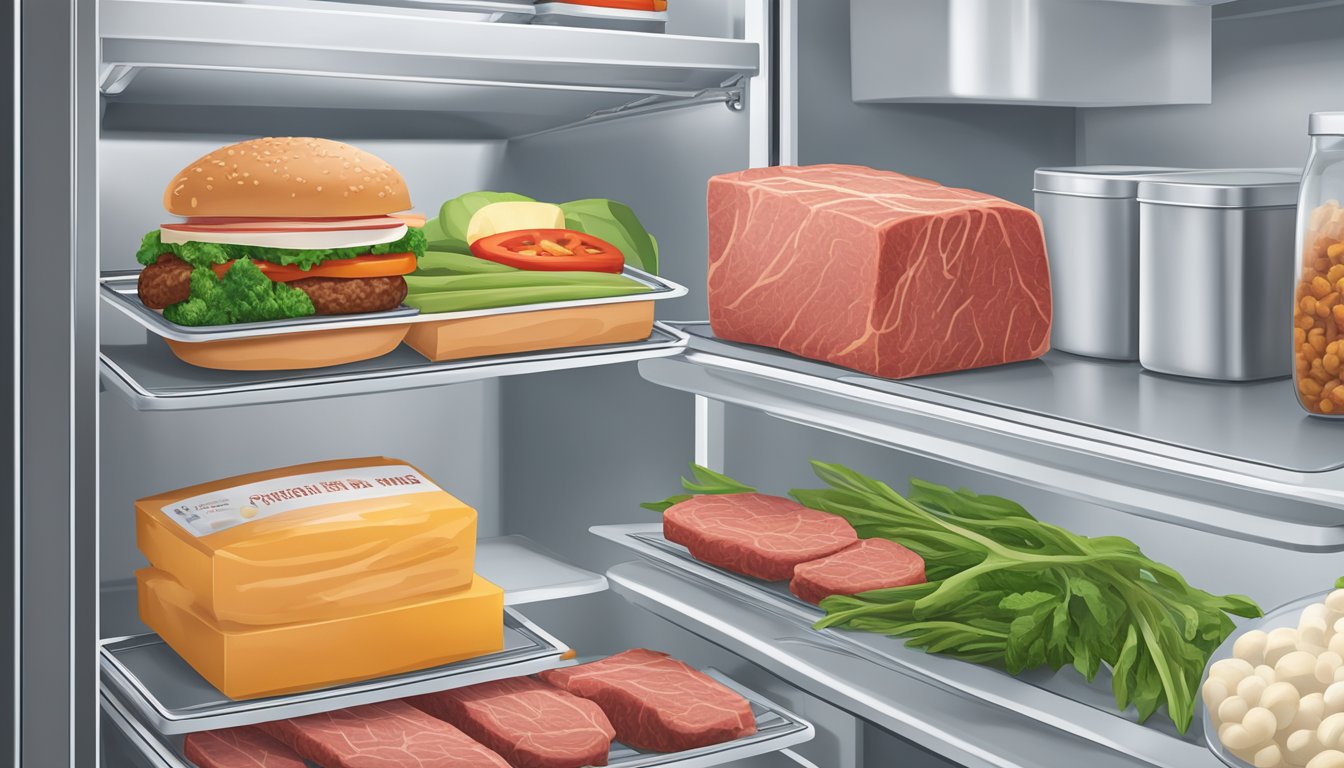 A package of plant-based meat sits in a refrigerator next to other food items. The refrigerator is clean and organized, with proper temperature control