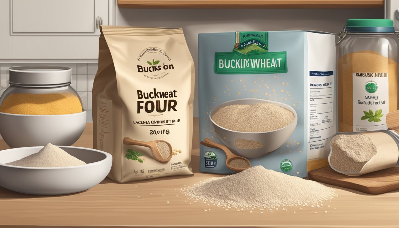 A bag of buckwheat flour sits on a kitchen shelf, surrounded by other baking ingredients. The expiration date on the package is visible