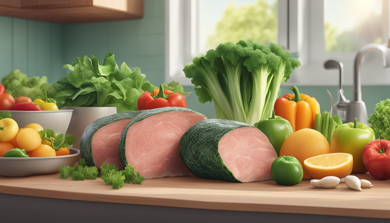 A vibrant, green plant-based meat package sits next to fresh vegetables and fruits on a kitchen counter, surrounded by natural light