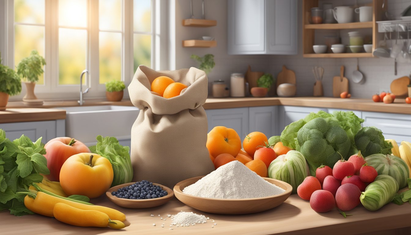 A sack of buckwheat flour surrounded by vibrant, fresh fruits and vegetables, with a sunny kitchen in the background