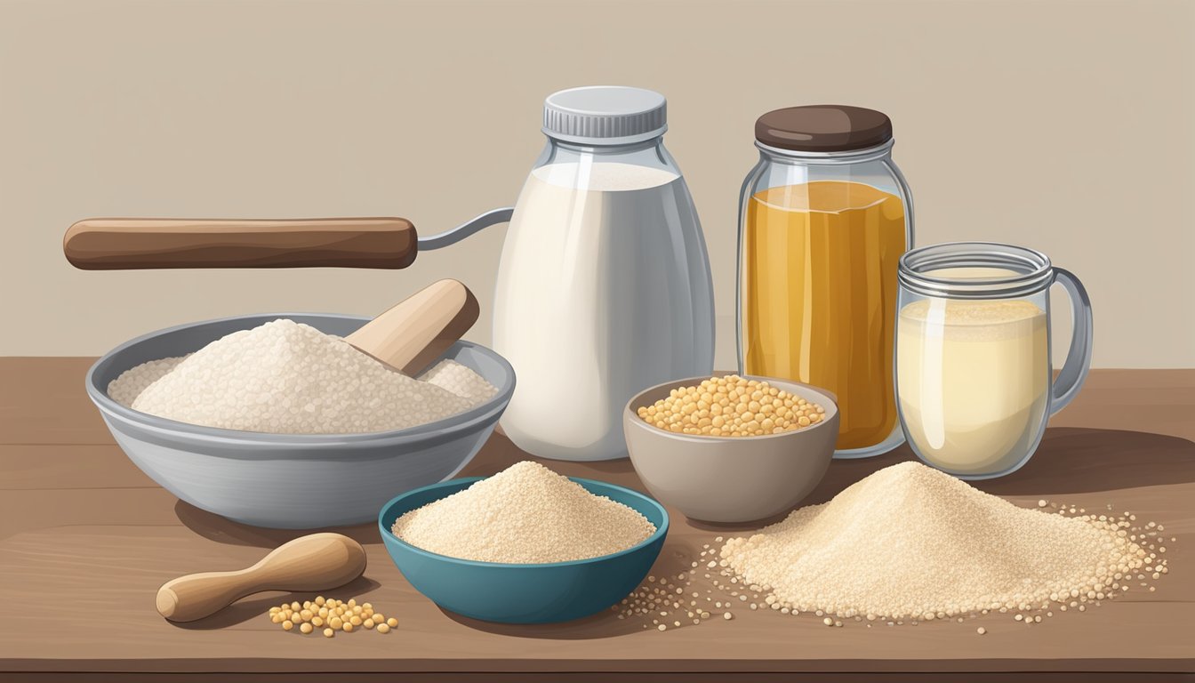 A kitchen counter with a bag of buckwheat flour, a mixing bowl, measuring cups, and a rolling pin. Ingredients like eggs, milk, and honey are nearby