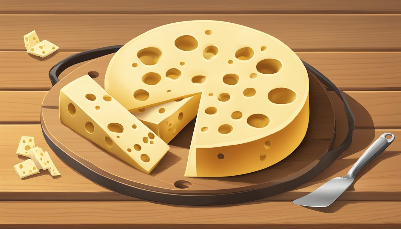 A wheel of Swiss cheese sits on a wooden cutting board, surrounded by a few small wedges. The cheese has a few holes and is slightly yellowed in places