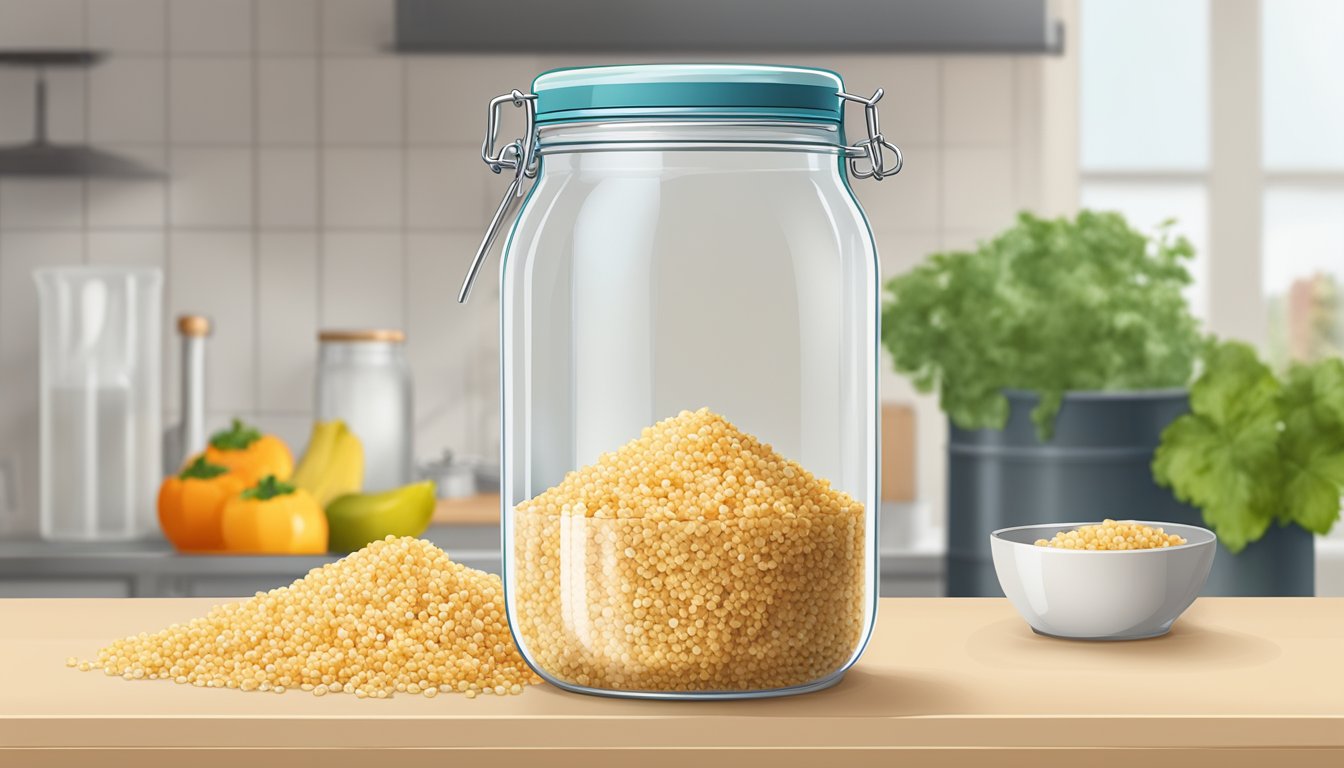 A clear glass jar filled with bulgur, sitting on a kitchen counter next to a calendar. The bulgur is dry and free of any signs of spoilage